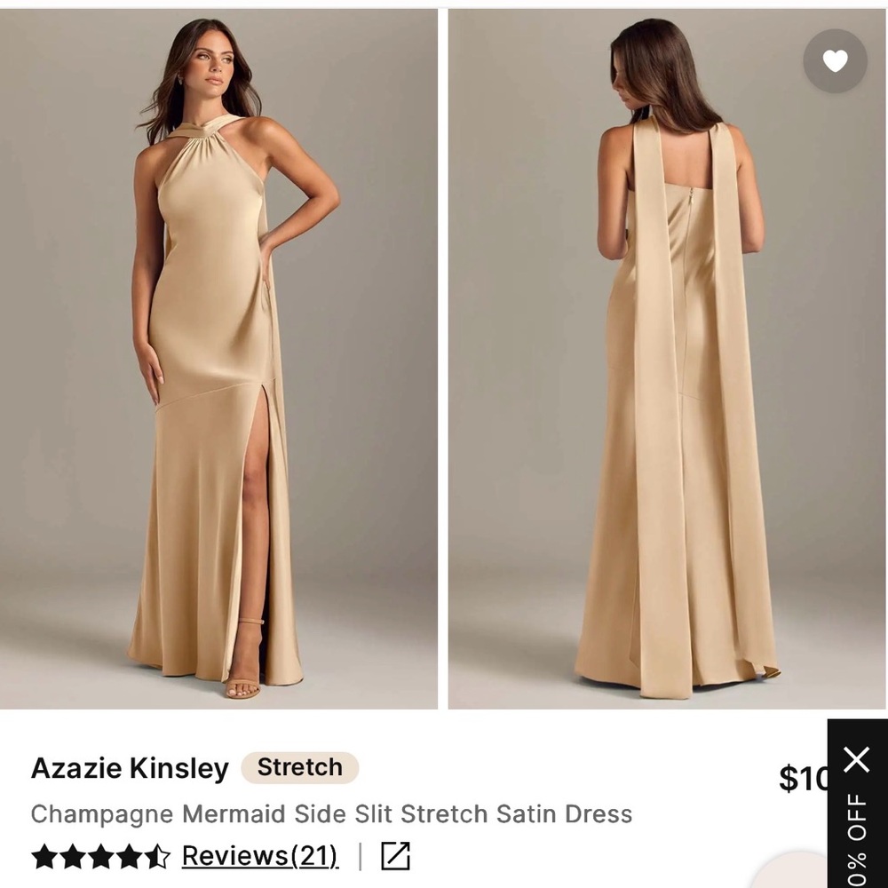 Azazie Champagne Stretch Satin Maxi Dress with Side Slit - Picture 3 of 3